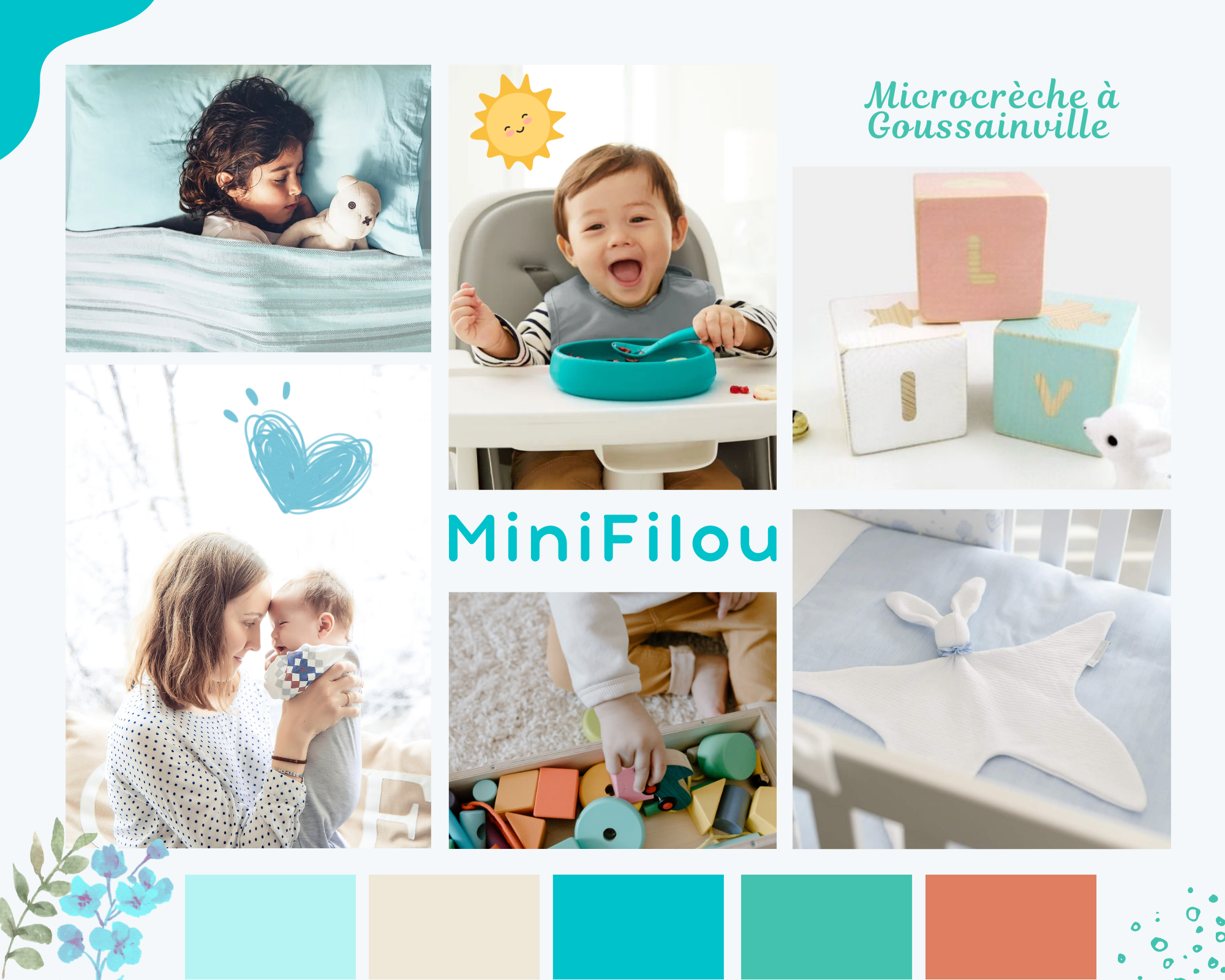 Moodboard avec des couleurs chaudes et pastels, des images d'enfants calmes et joyeux